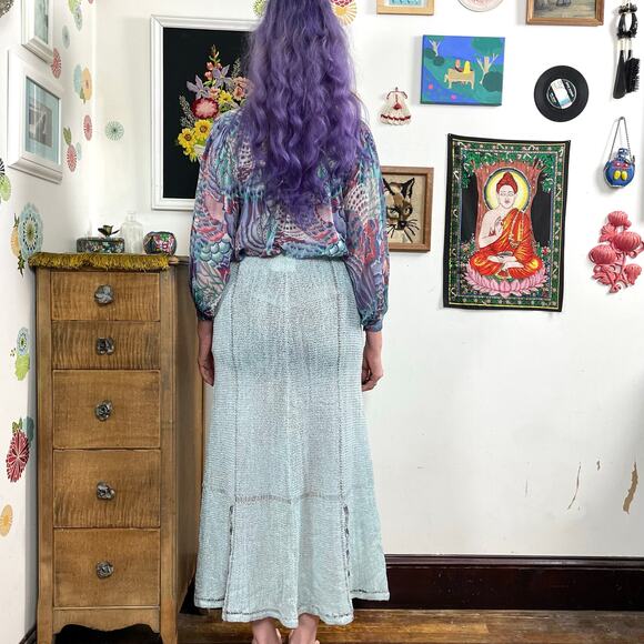Vintage Mary Farrin Crochet Skirt, 1970s Blue & Silver Open Knit Maxi, Sz XS-S - Picture 3 of 10